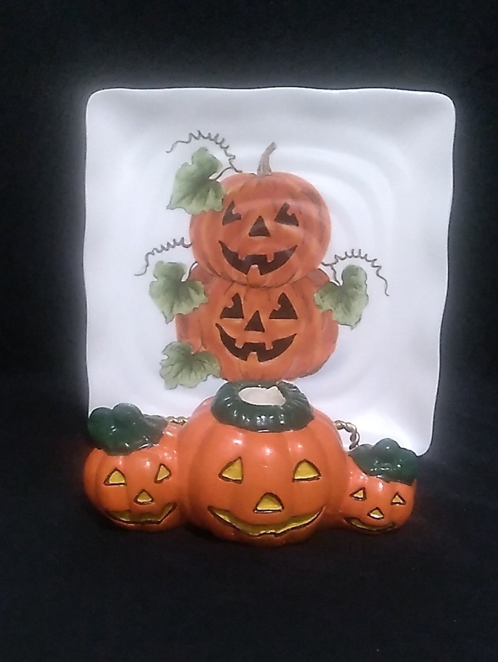 Vntge Hermitage  Jack-O-Lantern Candle Holder & Maxcera Ceramic Sqr Plate (H1)